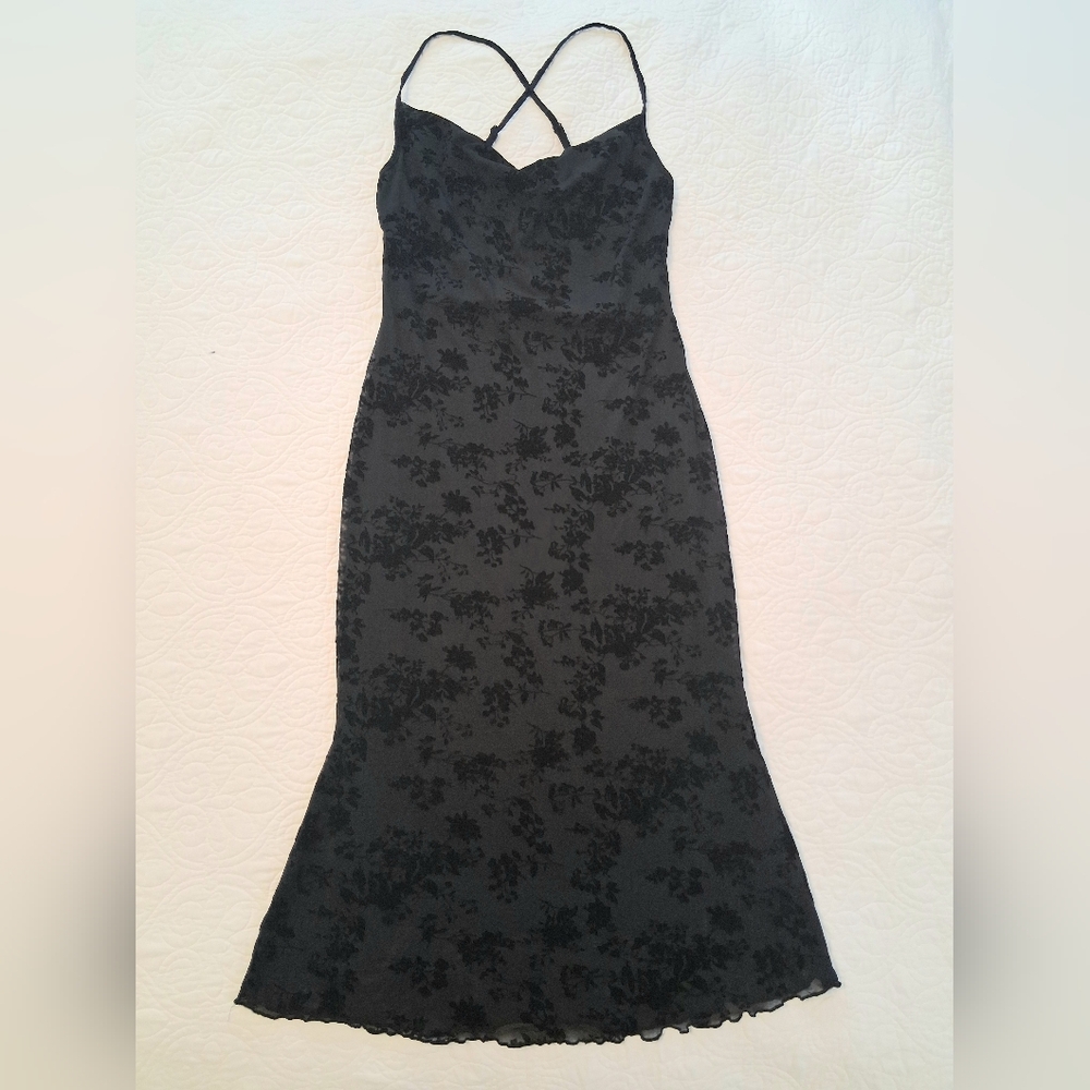 Black Sheer Overlay Floral Pattern Fitted Maxi Dress Draped Fishtail